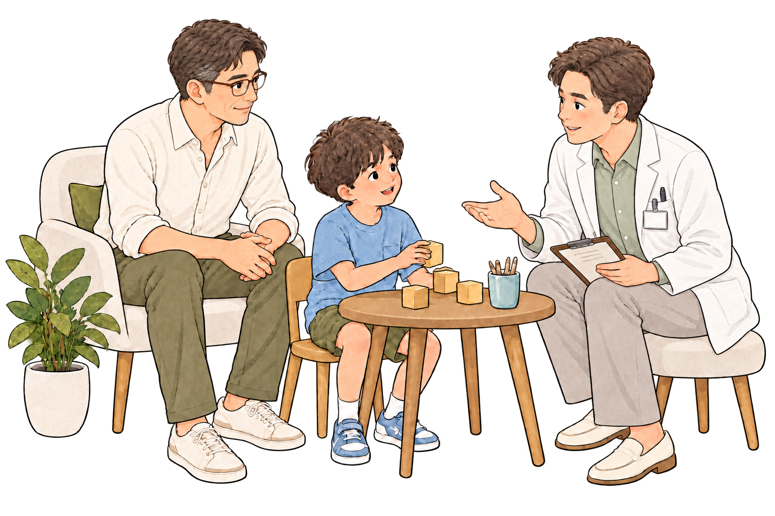 戴眼鏡、年長些的爸爸陪孩子看診，白袍男性醫師拿著病歷與親子交談的插畫