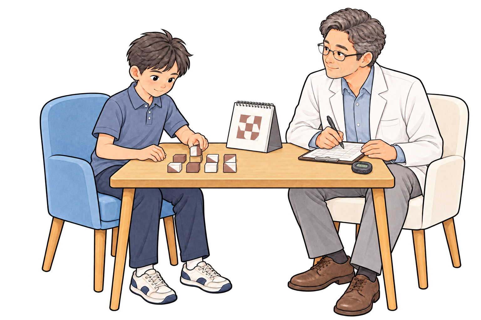 小六年紀的兒童依立式題本排列紅白積木，戴眼鏡、穿白袍的男性專業人員觀察並記錄，桌上備有計時器的手繪插畫